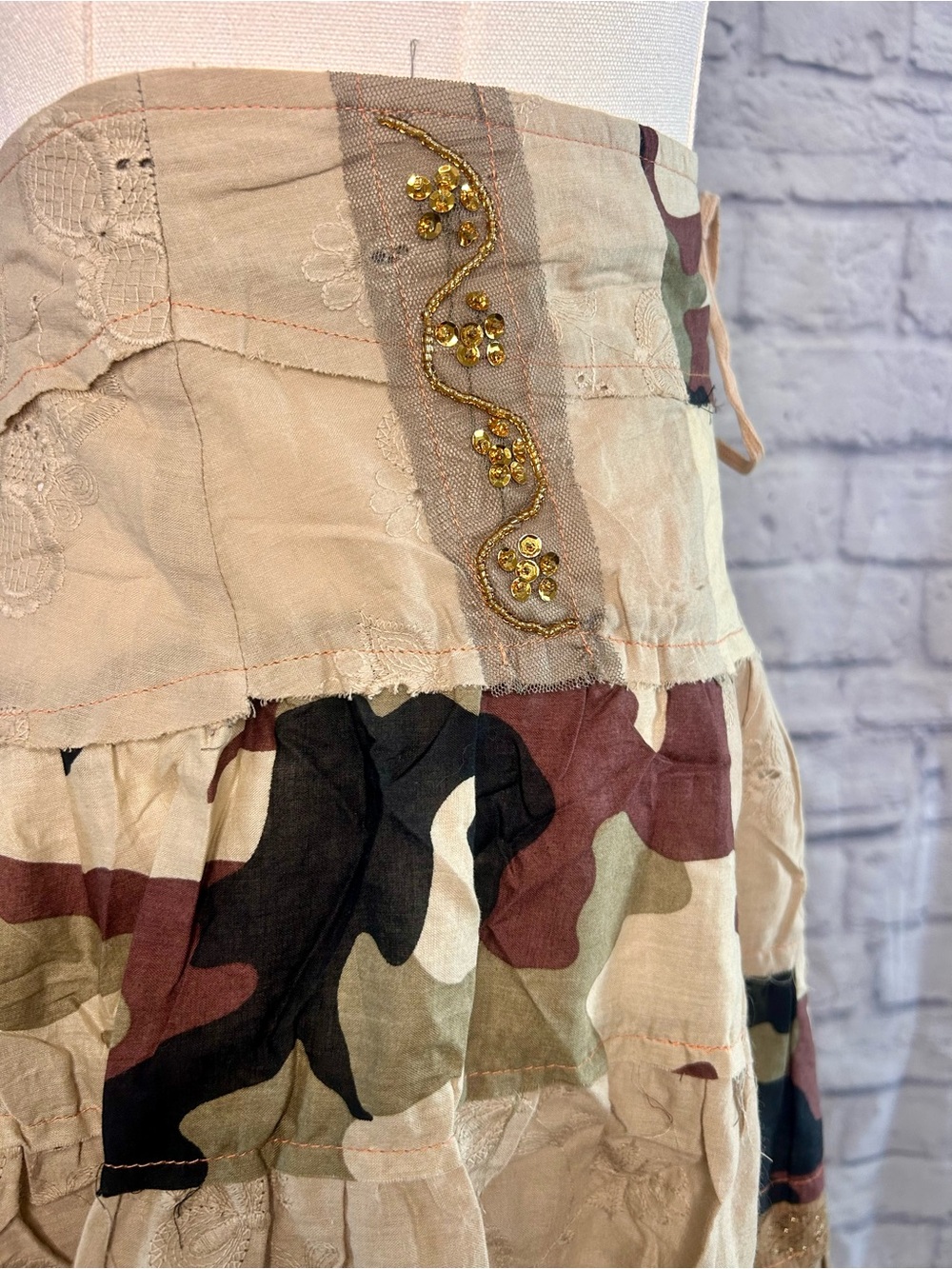 Y2K Patchwork Skirt Lace Sequins Camo Eyelets Tie Up Corset Waist Grunge Boho - Picture 6 of 11